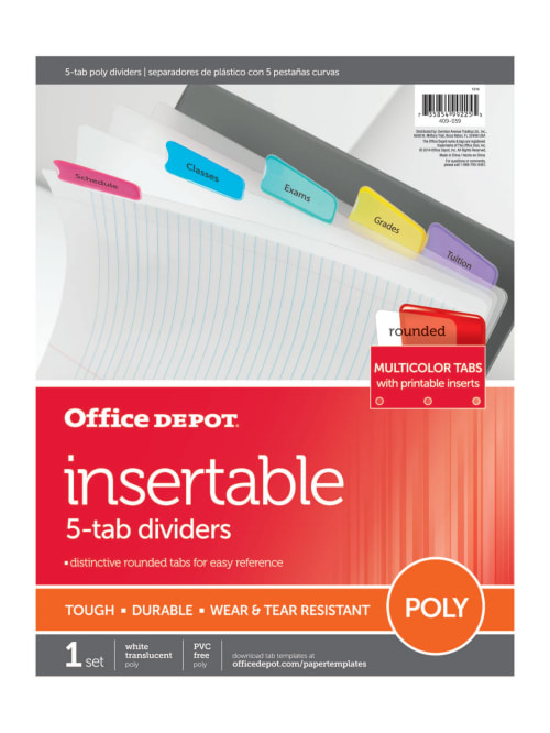 Office Depot Brand Plastic Dividers With Insertable Rounded Tabs Assorted Colors 5 Tab Office Depot
