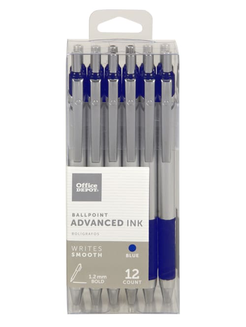 Office Depot Brand Advanced Ink Retractable Ballpoint Pens Bold Point 1 2 Mm Silver Barrel Blue Ink Pack Of 12 Office Depot