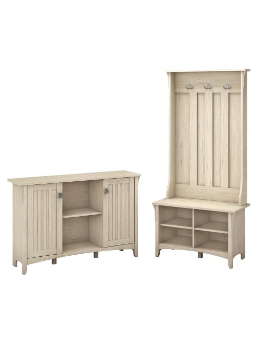 Bush Furniture Salinas Entryway Storage Set With Hall Tree Shoe Bench And Accent Cabinet Antique White Standard Delivery Office Depot
