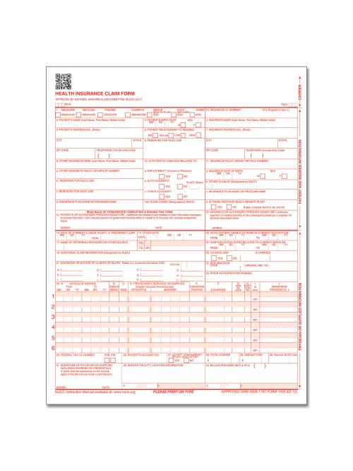 Complyright Cms 1500 Health Insurance Claim Form 0212 Laser Cut Sheet 8 12 X 11 White Case Of 250 Office Depot