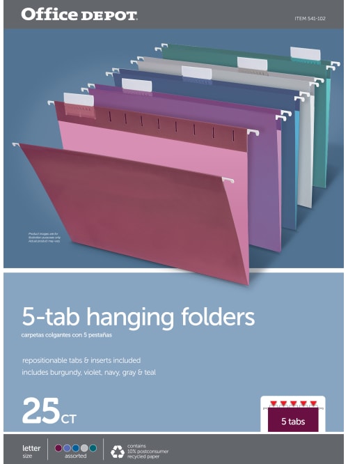 Office Depot Brand 2 Tone Hanging File Folders 15 Cut 8 12 X 11 Letter Size Assorted Colors Box Of 25 Folders Office Depot