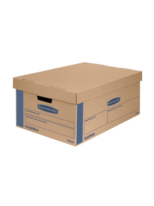 Bankers Box Smoothmove Prime Lift Off Lid Moving Boxes Large 24 X 15 X 10 85percent Recycled Kraftblue Pack Of 8 Office Depot