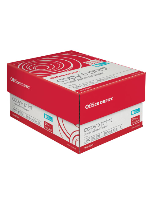 Office Depot Brand 3 Hole Punched Copy And Print Paper Letter Size 8 12 X 11 104 Us92 Euro U S Brightness 20 Lb Ream Of 500 Sheets Case Of 3 Reams Office Depot