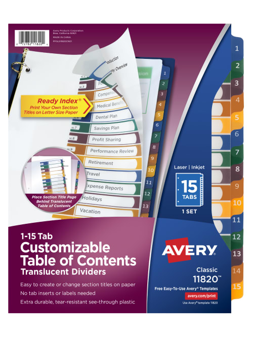 Avery 15 Tab Table Of Contents Color Template