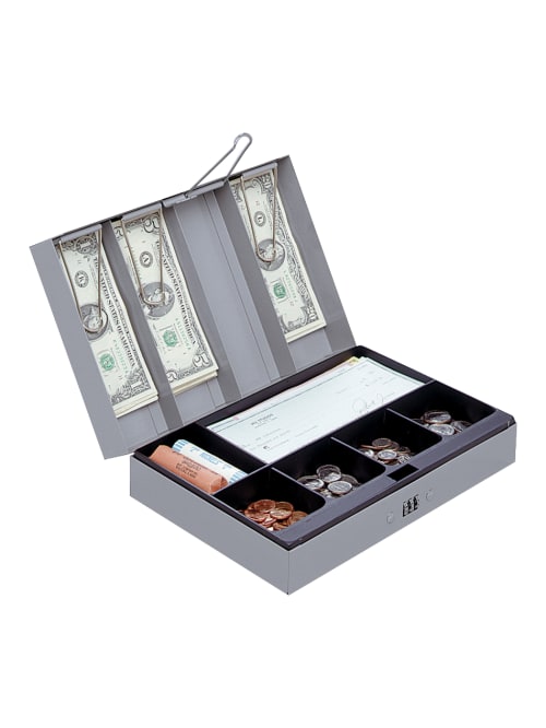 Sparco Steel Combination Lock Cash Box With Tray 3 14 X 11 12 X 7 34 Gray Office Depot