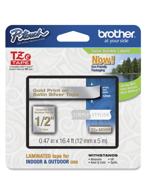 Brother Ptouch 12 Laminated Tze Tape Permanent Adhesive 1532 Width X 16 1332 Ft Length Thermal Transfer Gold Satin Silver Plastic 1 Each Office Depot