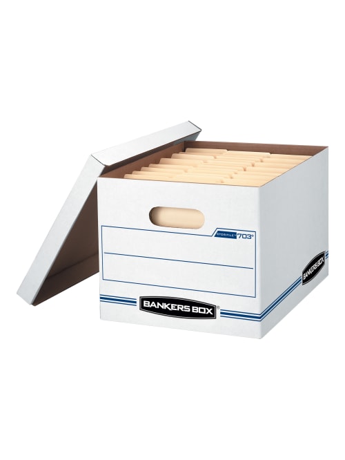 Bankers Box Storfile Standard Duty Storage Box With Lift Off Lids And Built In Handles Letterlegal Size 15 X 12 X 10 60percent Recycled Whiteblue Office Depot