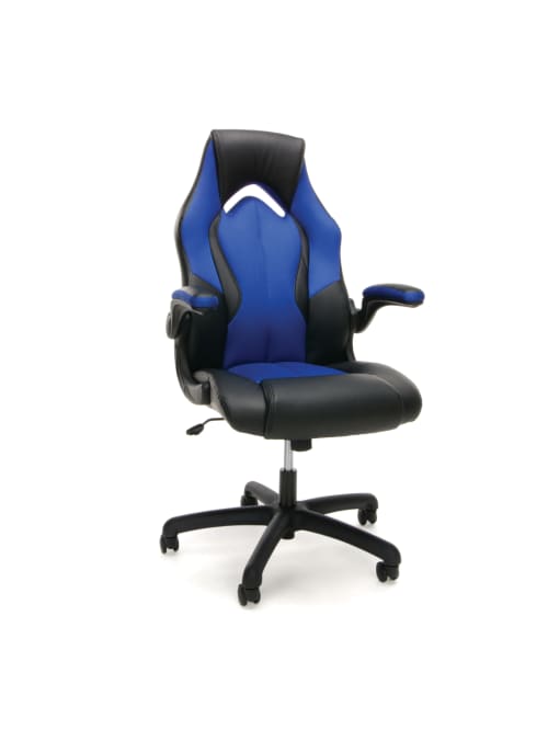 Ofm Essentials Racing Style Bonded Leather High Back Gaming Chair Blueblack Office Depot