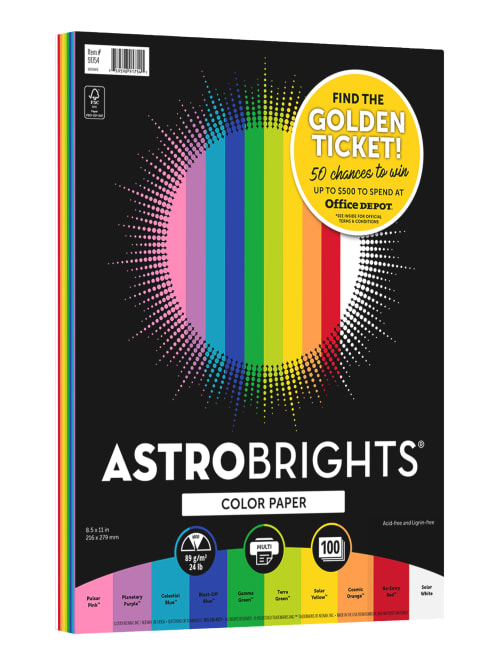 Astrobrights Color Paper 8 5 X 11 Fsc Certified 24 Lb Limited Edition Golden Ticket Assortment Pack Of 100 Office Depot