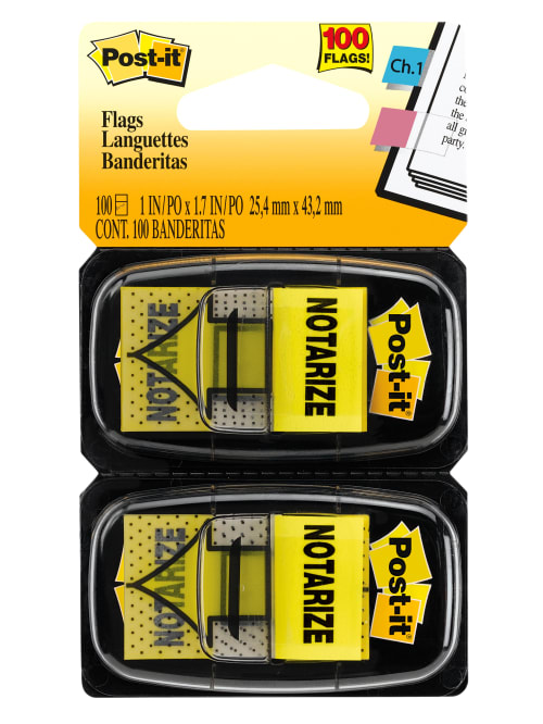 Post It Printed Flags Notarize 1 X 1 1116 Yellow 50 Flags Per Pad Pack Of 2 Pads Office Depot