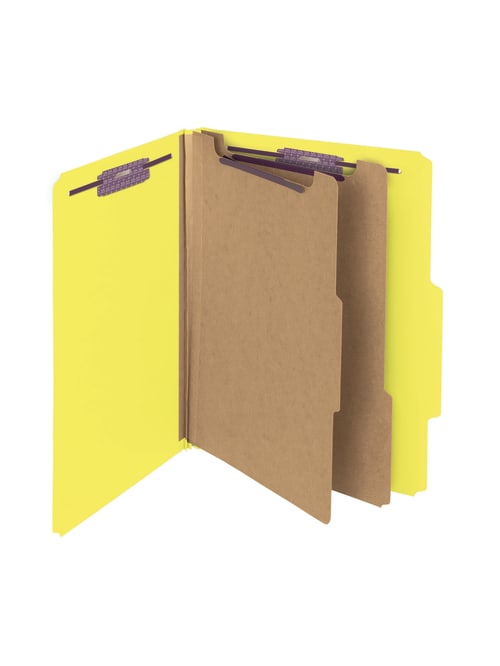 Smead Pressboard Classification Folders With Safeshield Fasteners 2 Dividers Letter Size 60percent Recycled Yellow Box Of 10 Office Depot