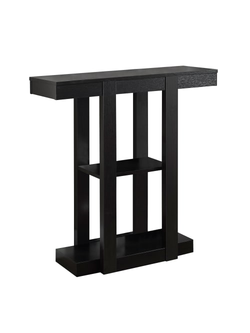 Monarch Specialties Console Table 3 Tier Cappuccino Office Depot Three layered table that is 1'6x1'6x1'8 with glass at the center of the top two layers #coffee_table #glass_table #shelving_unit #table #wood #wood_table. office depot