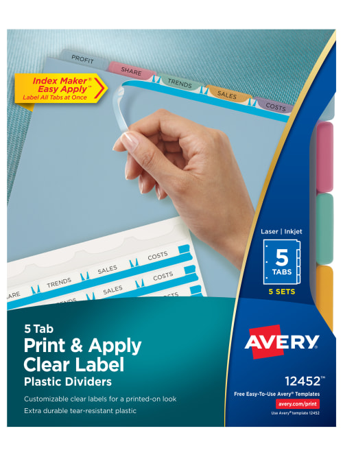Avery Print And Apply Clear Label Translucent Plastic Dividers With Index Maker Easy Apply Printable Label Strip 5 Multicolor Tabs Pack Of 5 Sets Office Depot