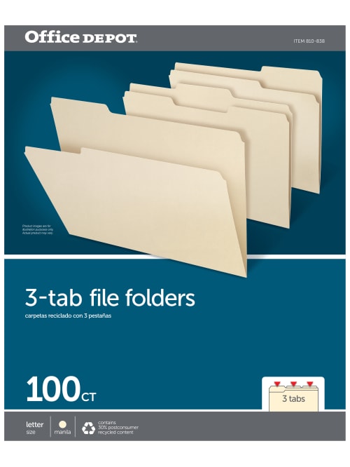 office depot brand file folders 1 3 cut letter size 30 recycled manila pack of 100 folders item 810838