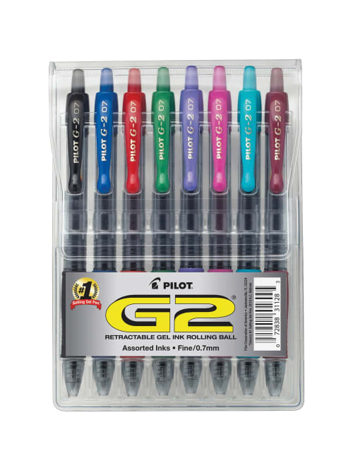 Pilot G 2 Retractable Gel Pens Fine Point 0 7 Mm Clear Barrels Assorted Ink Colors Pack Of 8 Office Depot
