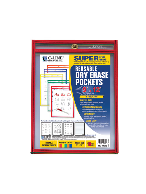 C Line Reusable Dry Erase Pockets 9 X 12 Assorted Colors Pack Of 10 Office Depot