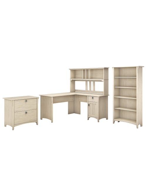 Bush Furniture Salinas 60 W L Shaped Desk With Hutch Lateral File Cabinet And 5 Shelf Bookcase Antique White Standard Delivery Office Depot