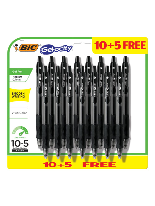 Bic Gel Ocity Original Retractable Gel Pens Medium Point 0 7 Mm Black Barrels Black Ink Pack Of 15 Pens Office Depot