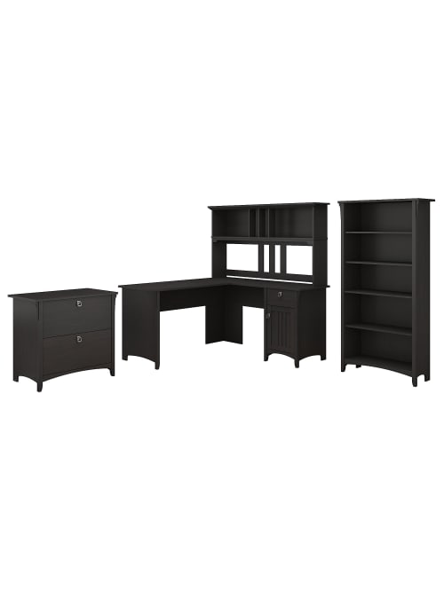 Bush Furniture Salinas 60 W L Shaped Desk With Hutch Lateral File Cabinet And 5 Shelf Bookcase Vintage Black Standard Delivery Office Depot