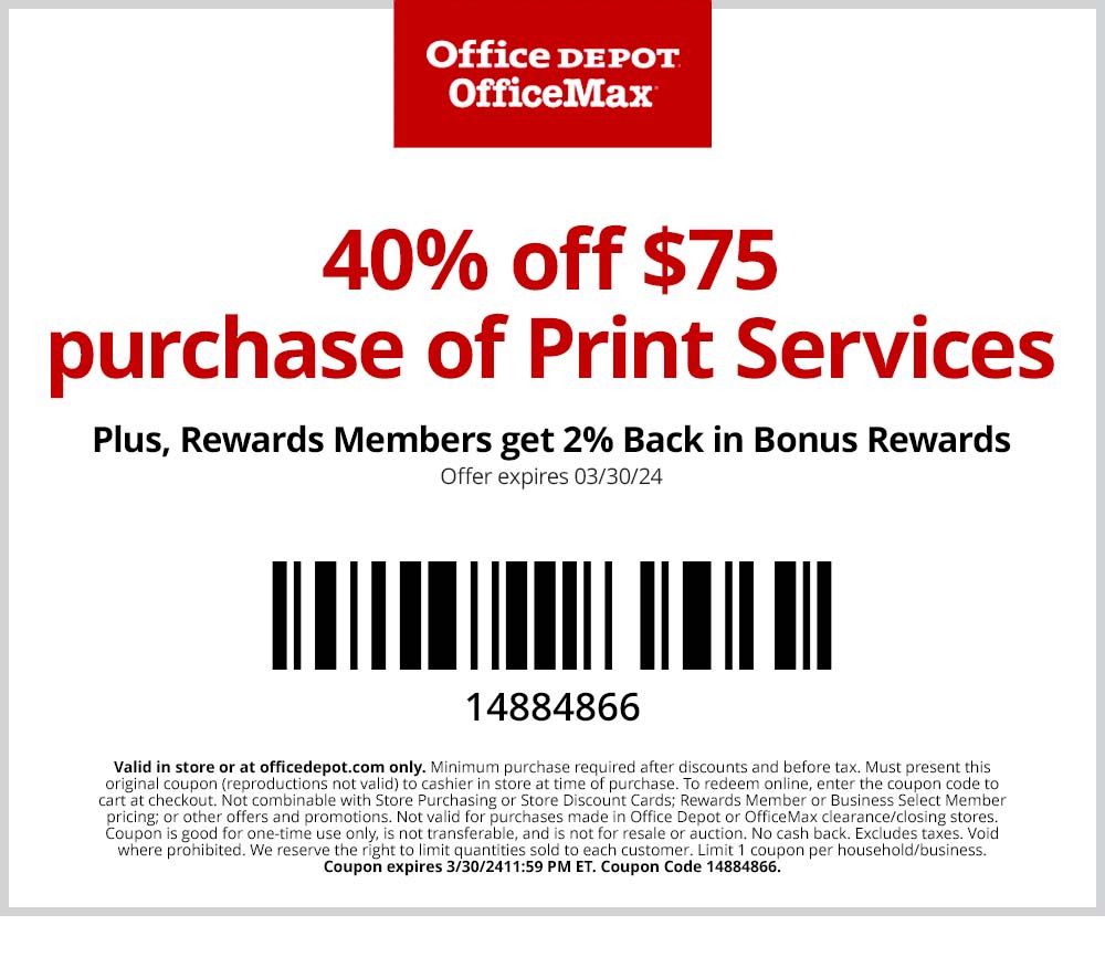 40% off $75 qualifying purchase of Print Services