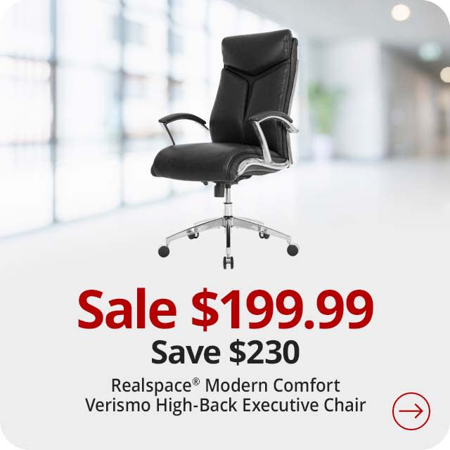 Save $230 Realspace® Modern Comfort Verismo Bonded Leather High-Back Executive Chair, Black/Chrome, BIFMA Compliant