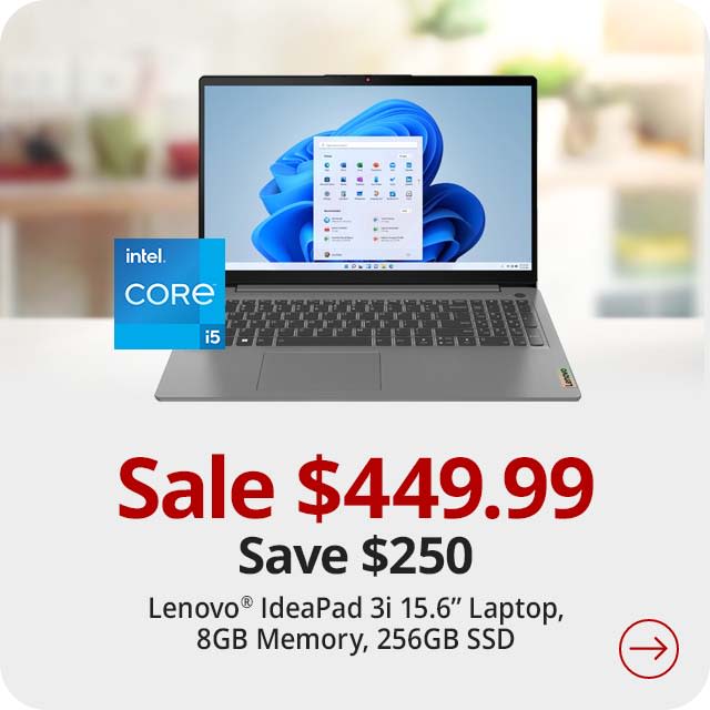 Save $250 Lenovo® IdeaPad 3i Laptop, 15.6" Screen, Intel® Core™ i5, 8GB Memory, 256GB Solid State Drive, Wi-Fi 6, Windows® 11, 82RK001KUS