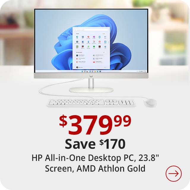 Save $270 HP 24-cr0046 All-in-One Desktop PC, 23.8" Screen, AMD Athlon Gold, 4GB Memory, 256GB Solid State Drive, Windows® 11 Home