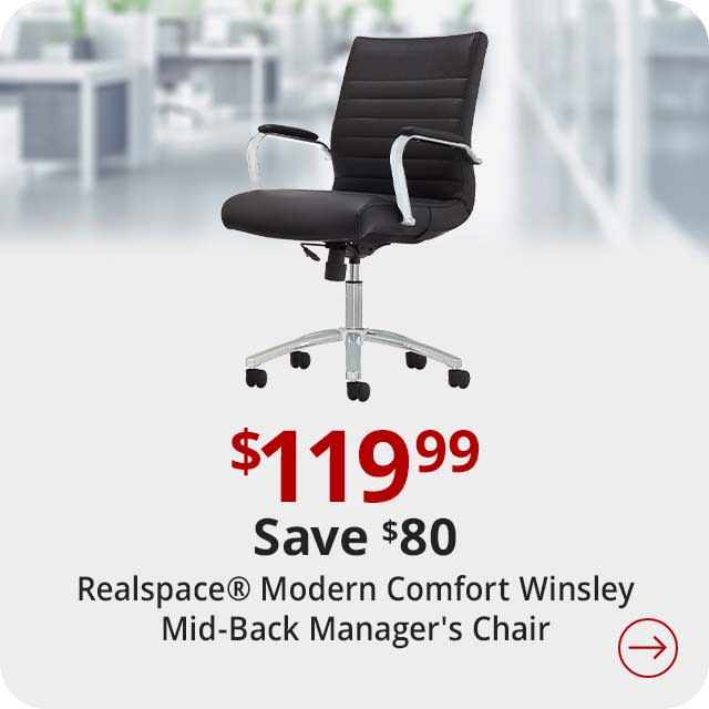 Save $80 Realspace® Modern Comfort Winsley Bonded Leather Mid-Back Manager's Chair, Black/Silver, BIFMA Compliant