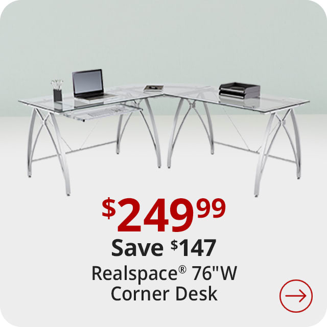 Save $147 Realspace® Vista Glass 76"W L-Shape Corner Desk, Silver