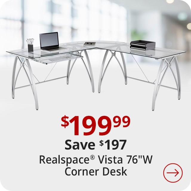 Save $197 Realspace® Vista Glass 76"W L-Shape Corner Desk, Silver