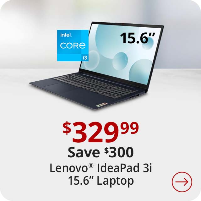 Save $290 Lenovo® IdeaPad 3i Laptop, 15.6" Screen, Intel® Core™ i3, 8GB Memory, 256GB Solid State Drive, Wi-Fi 6, Windows® 11, 82RK001HUS