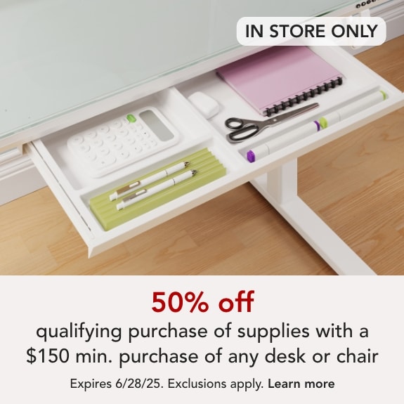 50% off a qualifying purchase of supplies with a $150 minimum purchase of any desk or chair
