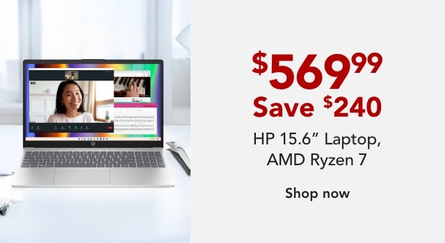HP 15.6" Laptop, AMD Ryzen 7, AI Enabled, 16GB RAM, 256GB SSD, Wi-Fi 6, Windows® 11
