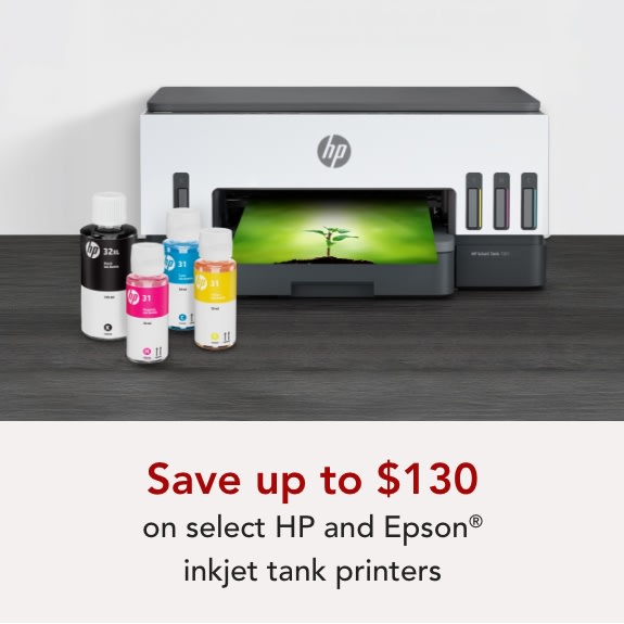 Save up to $130 on select HP and Epson Inkjet Tank Printers
