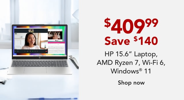 HP 15.6" Laptop, AMD Ryzen 3, AI Enabled, 8GB RAM, 256GB SSD, Wi-Fi 6, Windows® 11 Home 