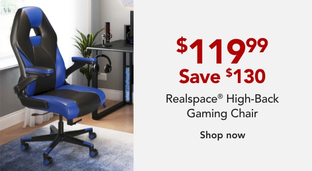Realspace® Bonded Leather High-Back Gaming Chair, Blue/Black