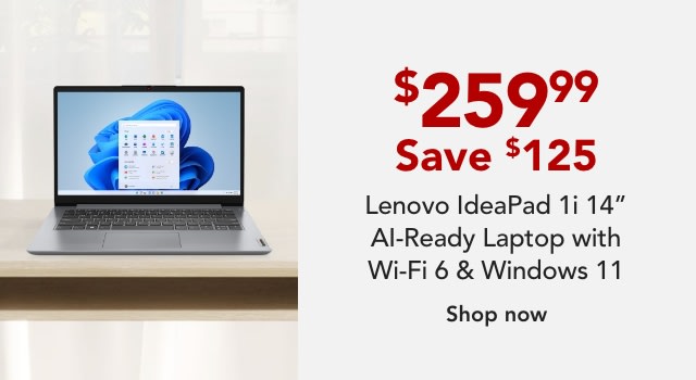 Lenovo® IdeaPad 1i 14 Laptop, 14" Screen, Intel® Pentium®, AI Enabled, 4GB Memory, 128GB eMMC Storage, Wi-Fi 6