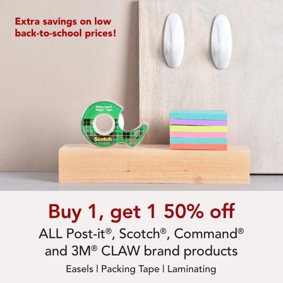 Buy one get one 50% off ALL Scotch, Post-it & Command and 3M claw brand products