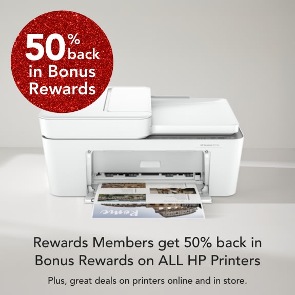50% back in bonsu rewards on ALL HP Printers