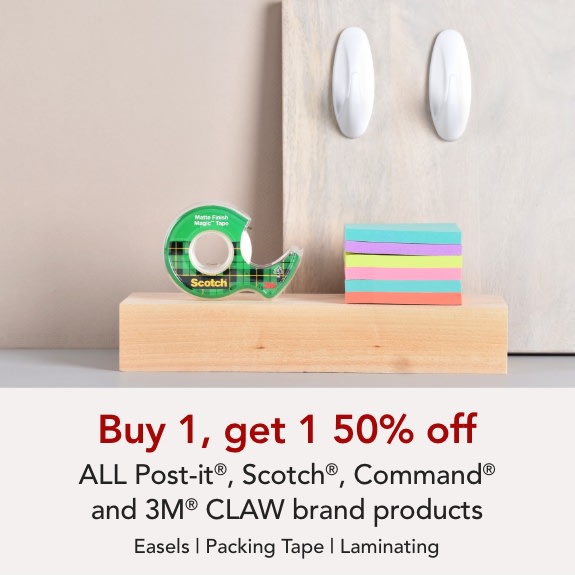 Buy one get one 50% off ALL Scotch, Post-it & Command and 3M claw brand products