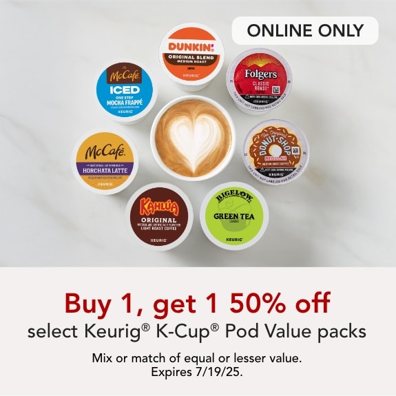 Buy 1 get 1 50% off select Keurig K-Cup Pod Value packs.