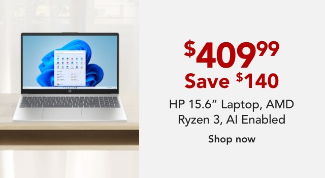 HP 15.6" Laptop, AMD Ryzen 3, AI Enabled, 8GB RAM, 256GB SSD, Wi-Fi 6, Windows® 11 Home (15-fc0013od)