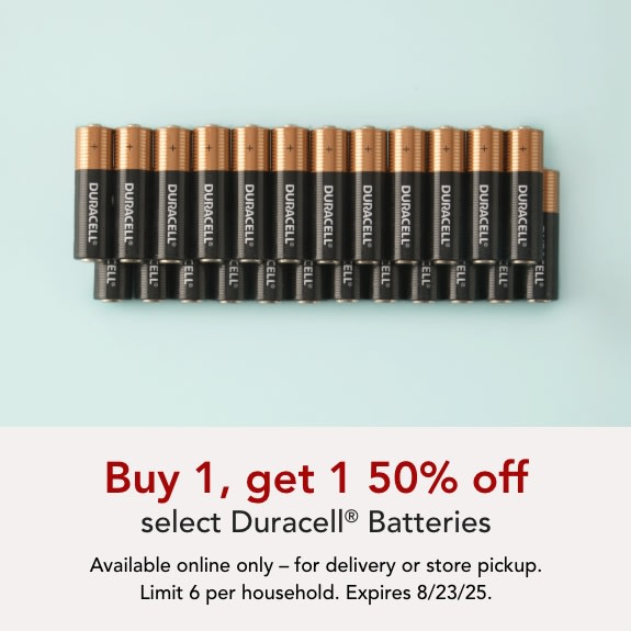 Buy one get one 50% off select Duracell batteries. Online only or Buy online pickup in store