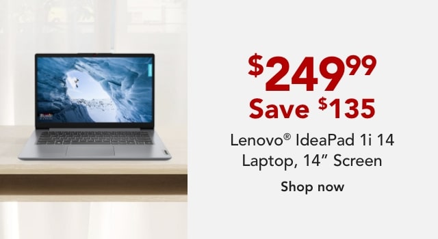 Lenovo® IdeaPad 1i 14 Laptop, 14" Screen, Intel® Pentium®, AI Enabled, 4GB Memory, 128GB eMMC Storage, Wi-Fi 6