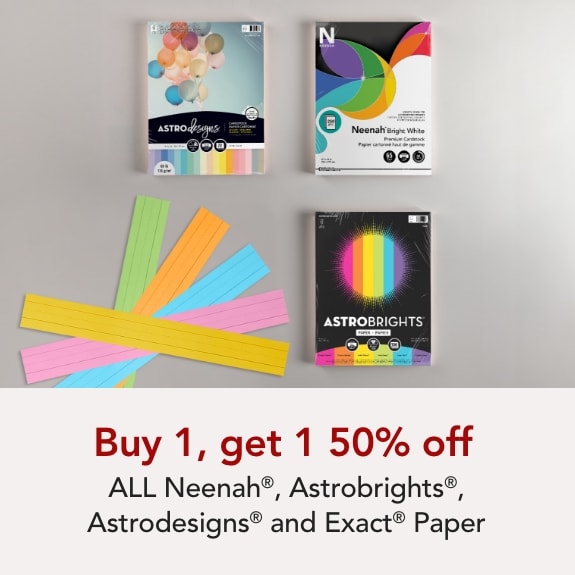 Buy 1 get 1 50% off All Neenah, Astrobrights, Astrodesigns & Exact brand products.