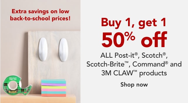 Buy One, Get One 50% off all 3M Products (Scotch, Scotch-Brite Command, Post-it)