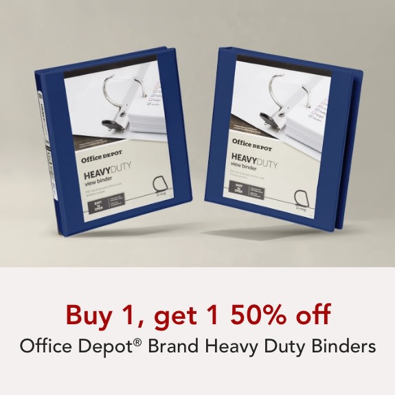 Buy 1 get 1 50% off Office Depot Brand Heavy Duty Binders.