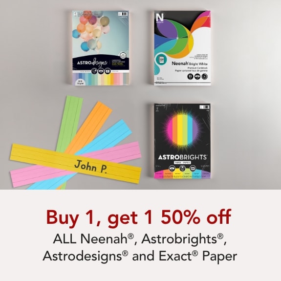 Buy 1 get 1 50% off All Neenah, Astrobrights, Astrodesigns & Exact brand products.