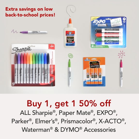 Buy 1 Get 1 50% off Sharpie, Papermate, EXPO, Elmers, Prismacolor, Parker, Waterman, Dymo Accessories & X-ACTO®