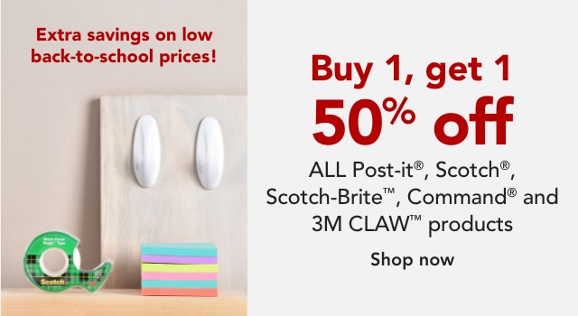 Buy One, Get One 50% off all 3M Products (Scotch, Command, Post-it)